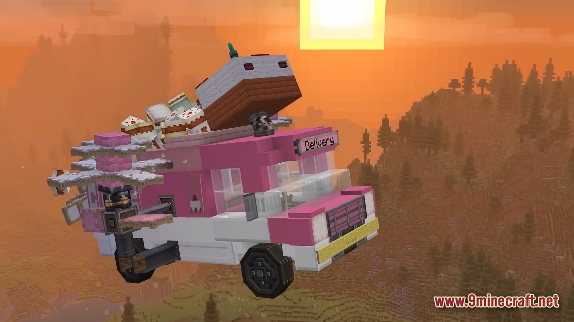 Better Create Aeronautics With Create Addons &Amp; Improvements Modpack (1.21.1) – Build And Fly Custom Aircraft 8 A pink flying delivery truck carrying various cakes flies over a forested biome at sunset