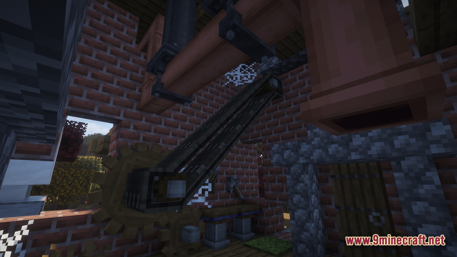 Better Create Aeronautics With Create Addons &Amp; Improvements Modpack (1.21.1) – Build And Fly Custom Aircraft 10 Mechanical belts, cogs, and copper pipes installed within a brick and cobblestone workshop structure