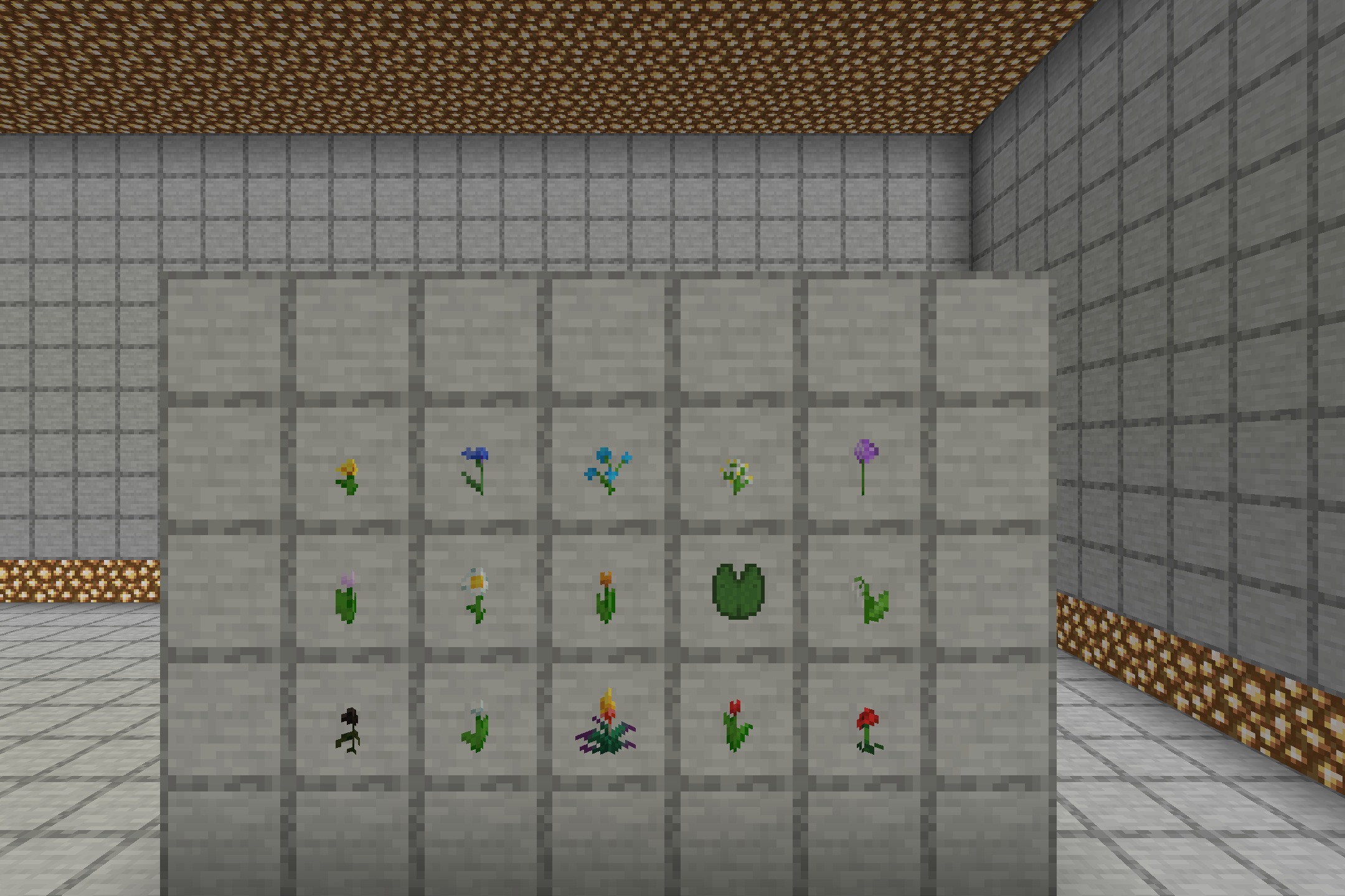 Better Foliage Add-On Resource Pack (26.1.2, 1.20.1) – Charming 3D Flora 2 Various minecraft flowers and a lily pad displayed as 3d models on a wall