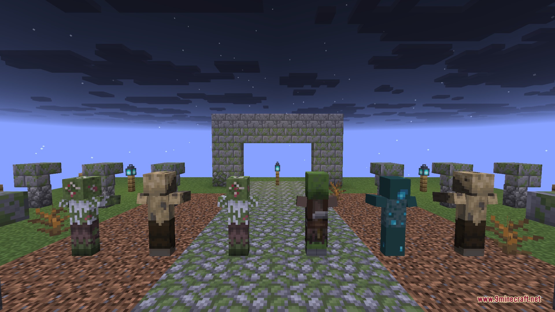 Better Zombies 9Minecraft Resource Pack (26.2) – Terrifying Undead For Darker Nights 2 Various zombie variants standing in front of a stone archway at night