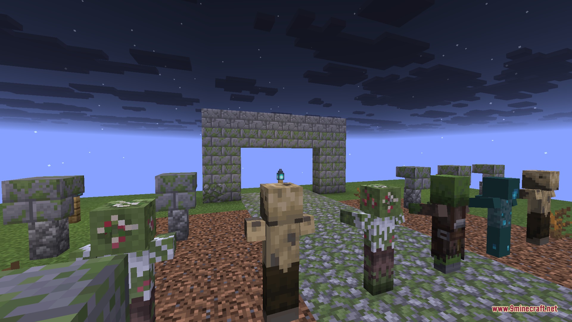 Better Zombies 9Minecraft Resource Pack (26.2) – Terrifying Undead For Darker Nights 3 Detailed zombies gathered on a path near a stone structure at night
