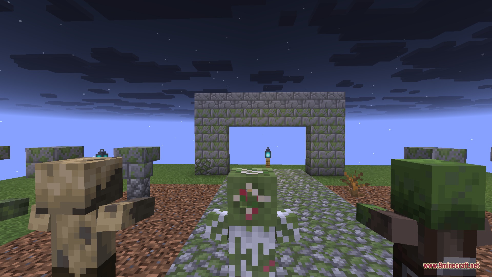 Better Zombies 9Minecraft Resource Pack (26.2) – Terrifying Undead For Darker Nights 4 Detailed zombie variants with gruesome textures standing near a stone structure at night