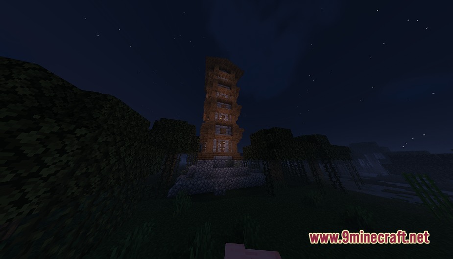 Biomesque Relics Mod (26.2, 1.21.1) – Raid Dungeons And Loot Towers 4 A tall wooden watchtower stands in a dark forest during the night