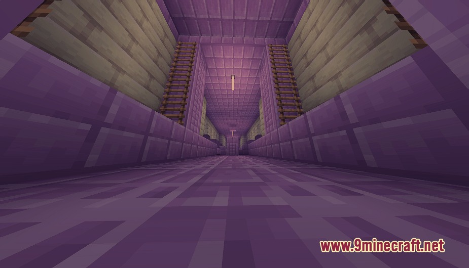 Biomesque Relics Mod (26.2, 1.21.1) – Raid Dungeons And Loot Towers 5 Interior of a purple purpur structure featuring ladders and a long hallway