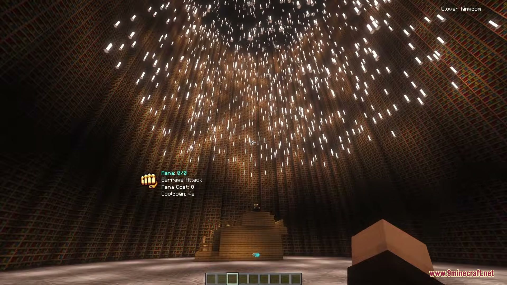 Block Clover Black Clover Mod (1.21.1, 1.20.1) – Unlock Your Grimoire 2 A player explores a massive library tower filled with many floating lights