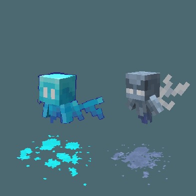 Blood N’ Particles Data Pack (1.21.11, 1.20.1) – Leave Blood Splatters After 11 Blue and grey minecraft mobs floating above colored splatters on the ground