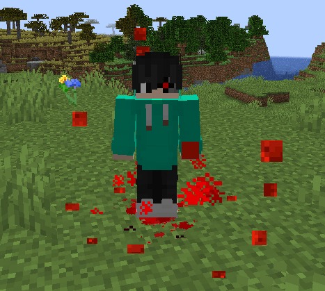Blood N’ Particles Data Pack (1.21.11, 1.20.1) – Leave Blood Splatters After 6 A minecraft character standing on grass surrounded by red blood particles and splashes