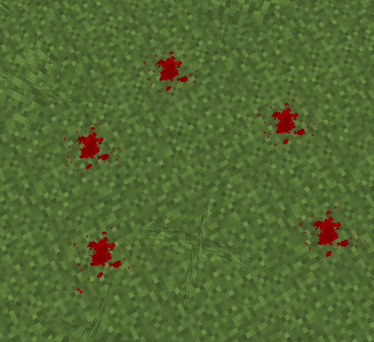 Blood N’ Particles Data Pack (1.21.11, 1.20.1) – Leave Blood Splatters After 9 Small red blood spots covering the surface of green grass blocks in minecraft