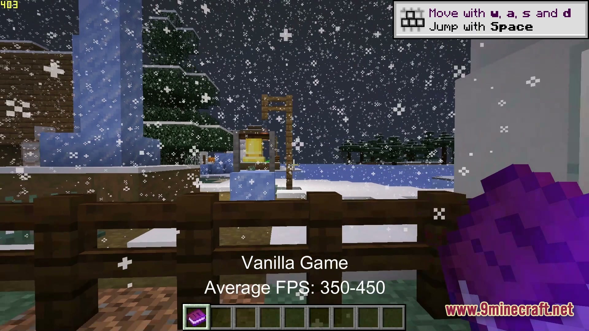 Boosted Fps Performance Optimized Modpack (1.20.1) – Supercharge Your Game Speed 2 A snowy minecraft landscape at night featuring a wooden fence, a bell, and falling snow