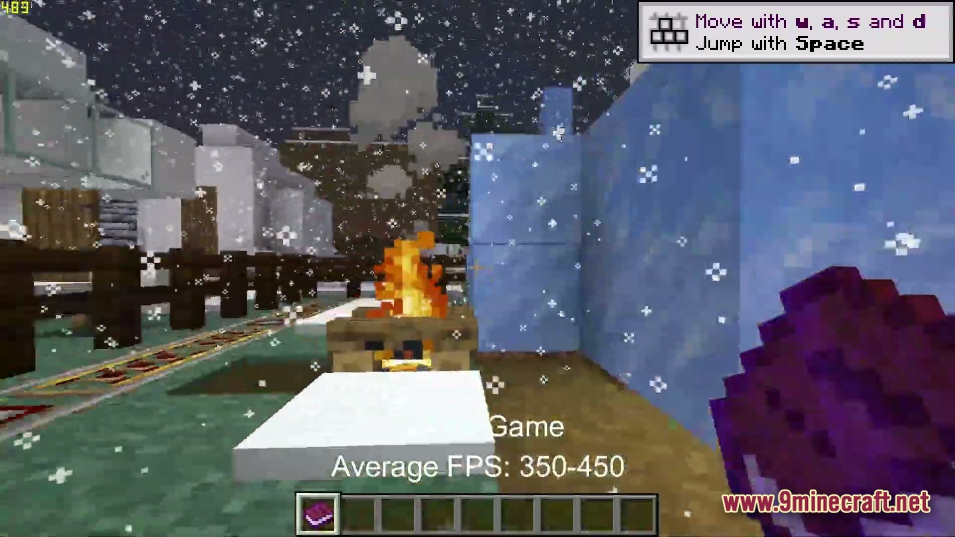 Boosted Fps Performance Optimized Modpack (1.20.1) – Supercharge Your Game Speed 4 A player holds an enchanted book while standing near a campfire during a snowy night