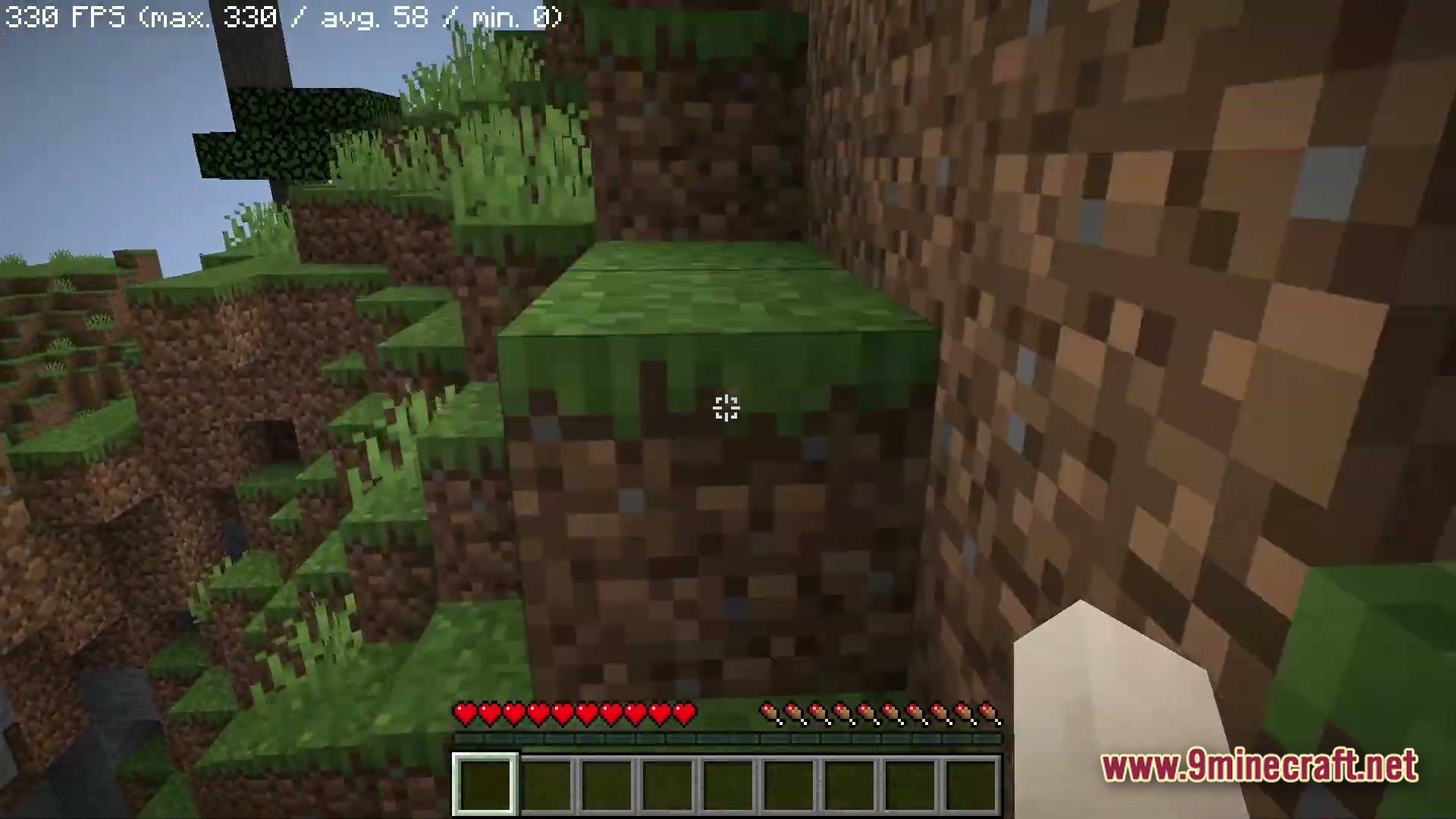 Boosted Fps Performance Optimized Modpack (1.20.1) – Supercharge Your Game Speed 5 A first-person view of a grassy hillside with an active frames per second counter overlay