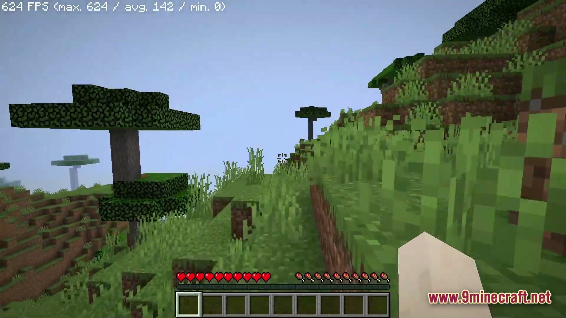 Boosted Fps Performance Optimized Modpack (1.20.1) – Supercharge Your Game Speed 6 A first-person view of a grassy minecraft hillside featuring acacia trees and a high frame rate counter