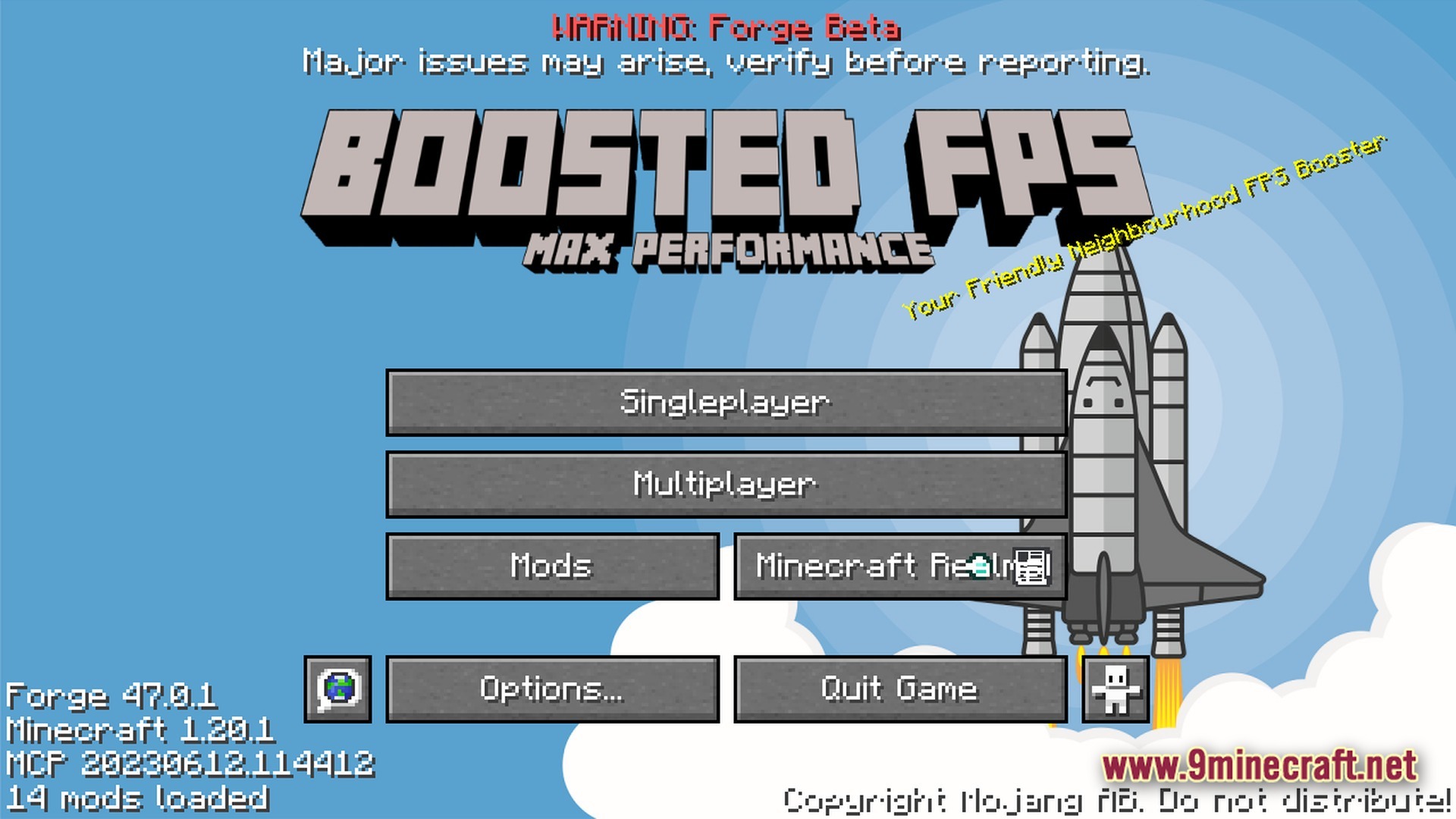 Boosted Fps Performance Optimized Modpack (1.20.1) – Supercharge Your Game Speed 8 The main menu of the boosted fps modpack featuring a rocket ship and custom title text