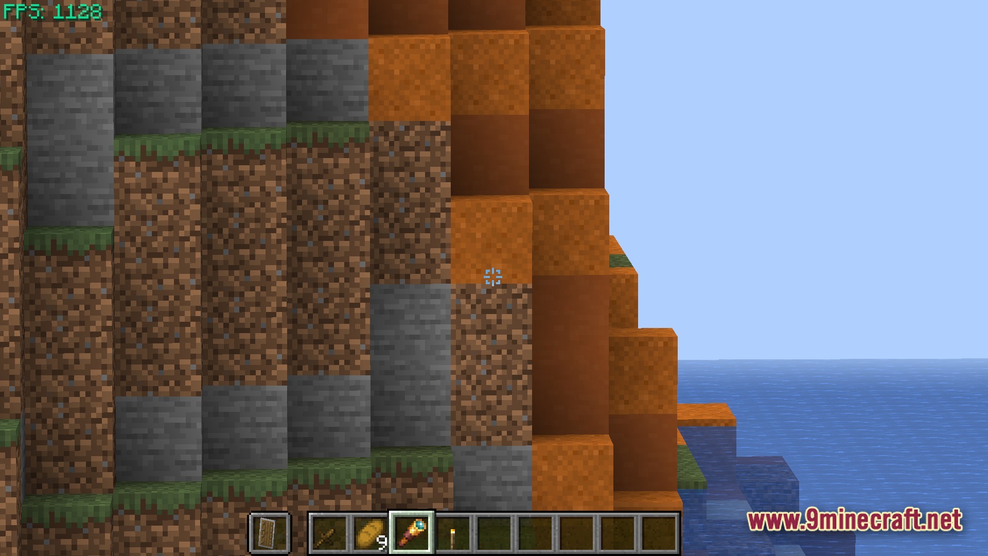 Boosted Fps Performance Optimized Modpack (1.20.1) – Supercharge Your Game Speed 9 A cliffside featuring dirt, stone, and terracotta blocks overlooking an ocean with a high fps counter