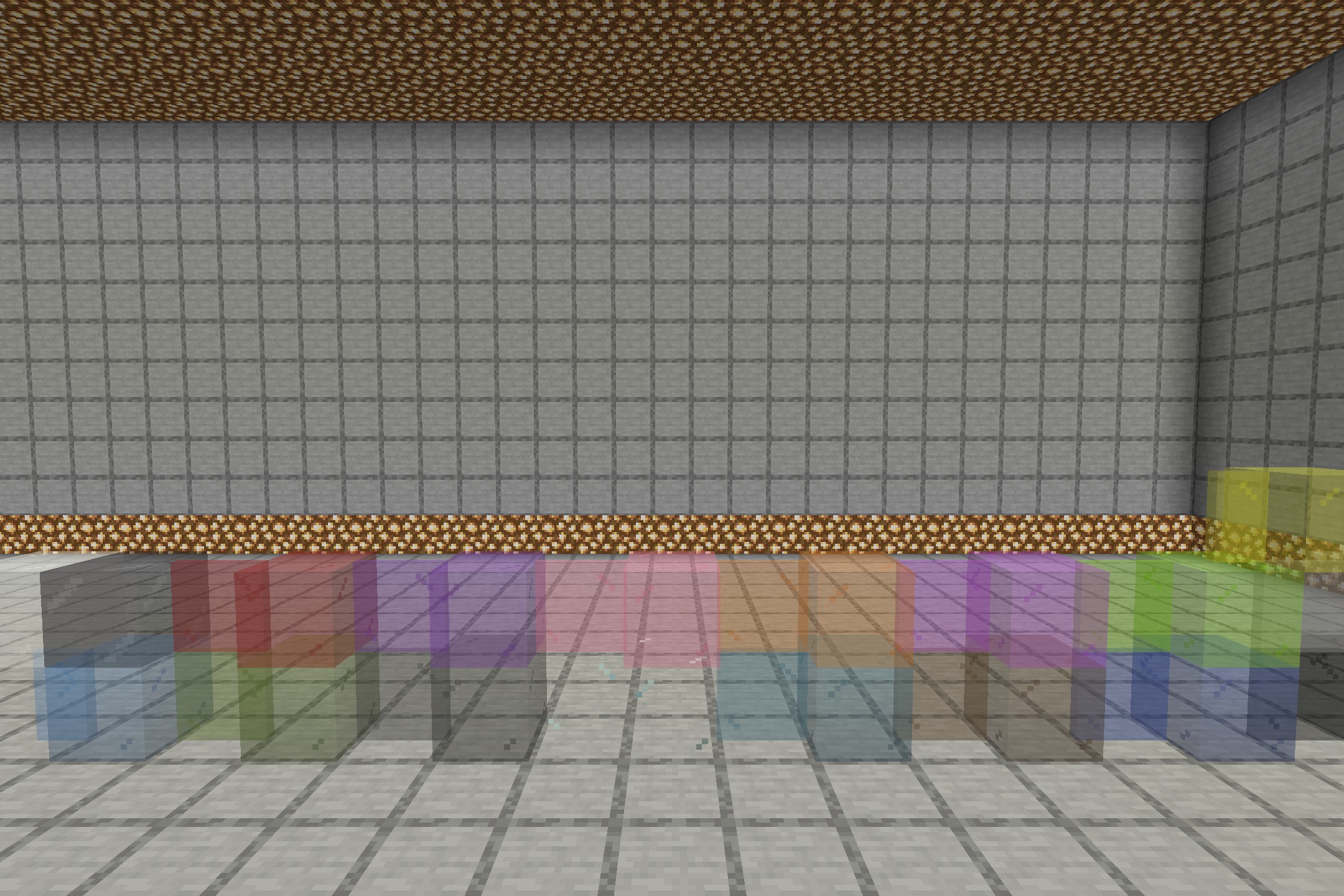 Borderlessglass Resource Pack (26.1.2, 1.20.1) – Crystal Clear Windows 2 A row of colored stained glass blocks without borders in a stone room