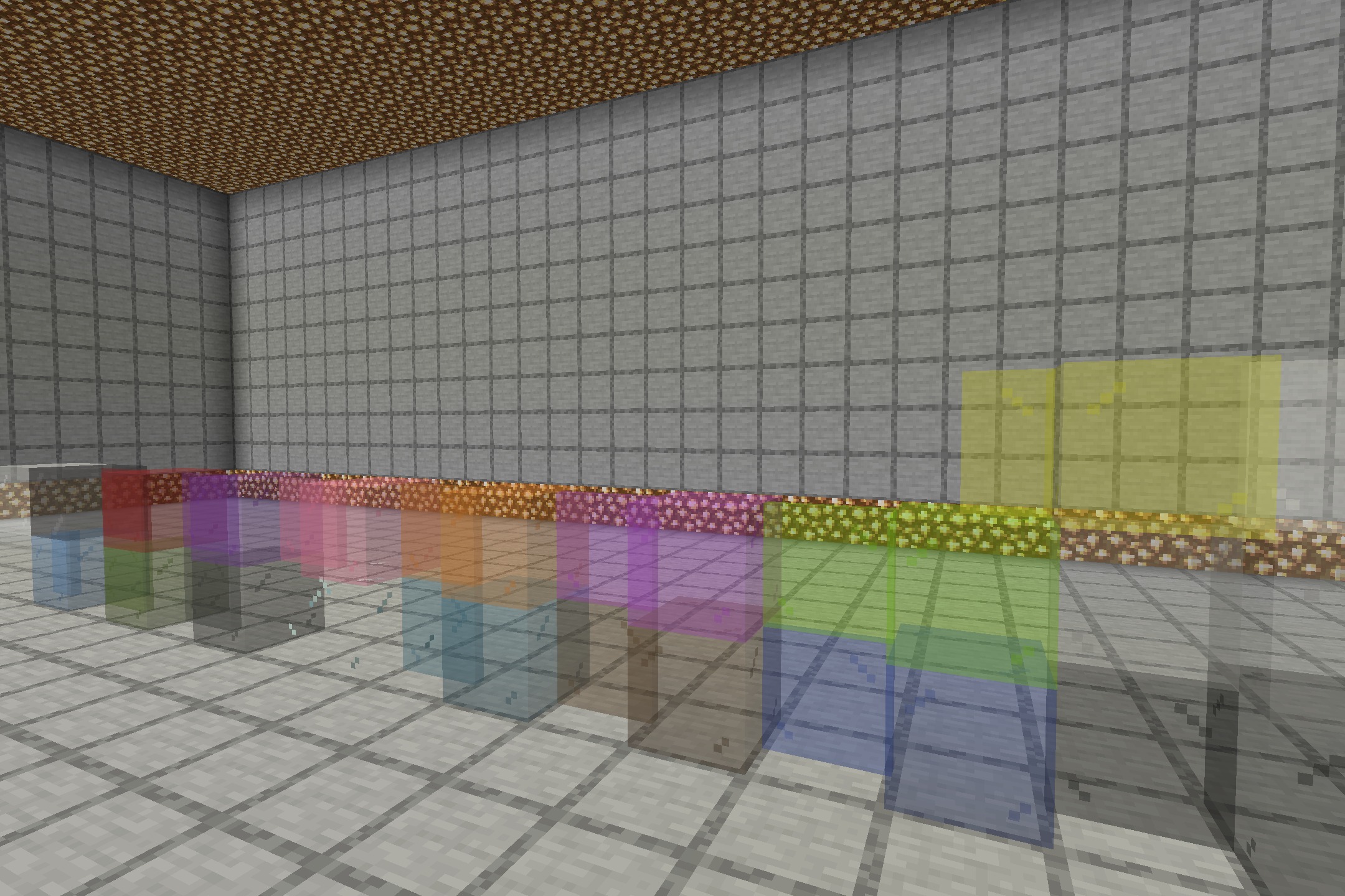 Borderlessglass Resource Pack (26.1.2, 1.20.1) – Crystal Clear Windows 3 Perspective view of borderless stained glass blocks on a gray stone floor