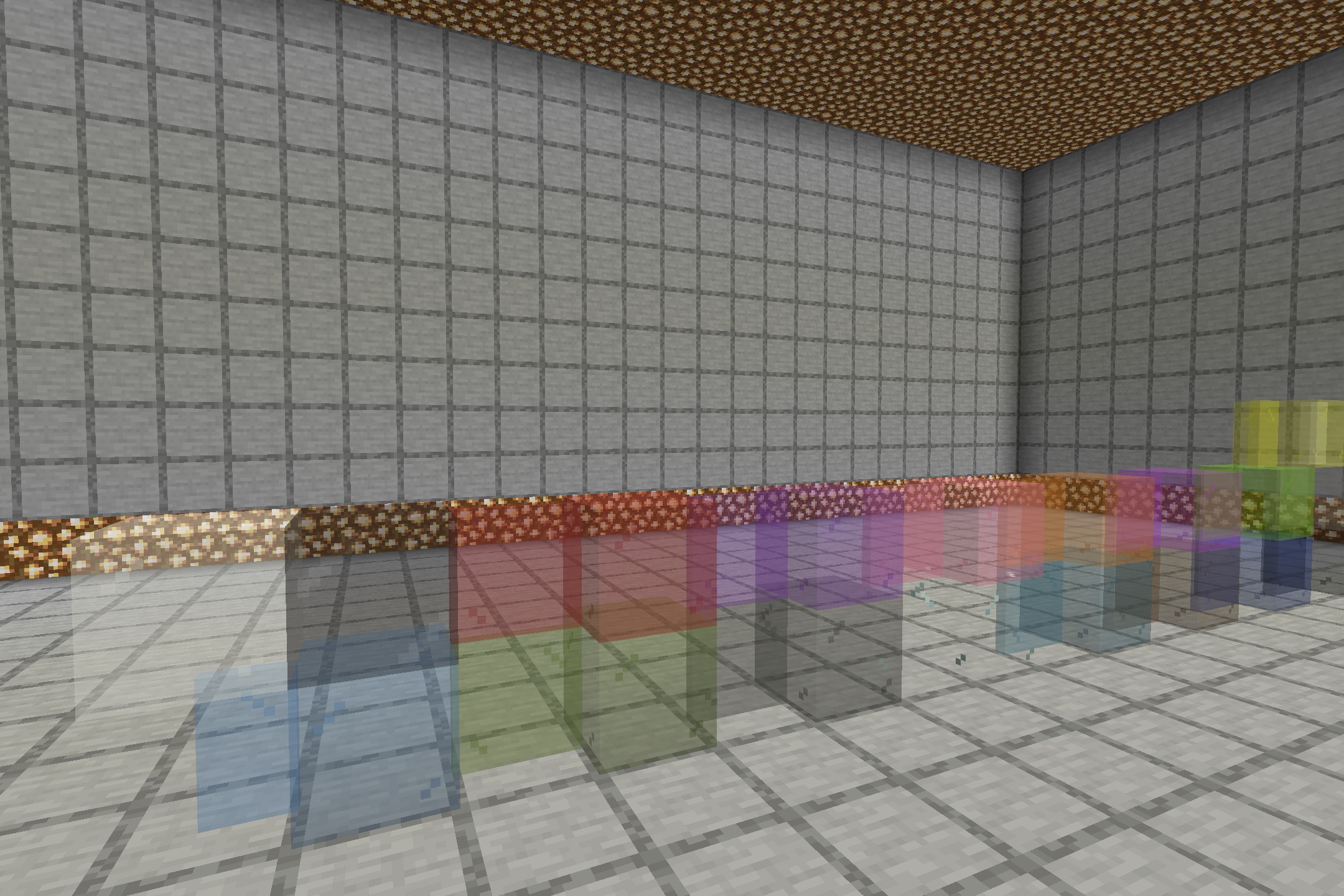 Borderlessglass Resource Pack (26.1.2, 1.20.1) – Crystal Clear Windows 4 Stained glass blocks showing the borderless effect inside a stone room
