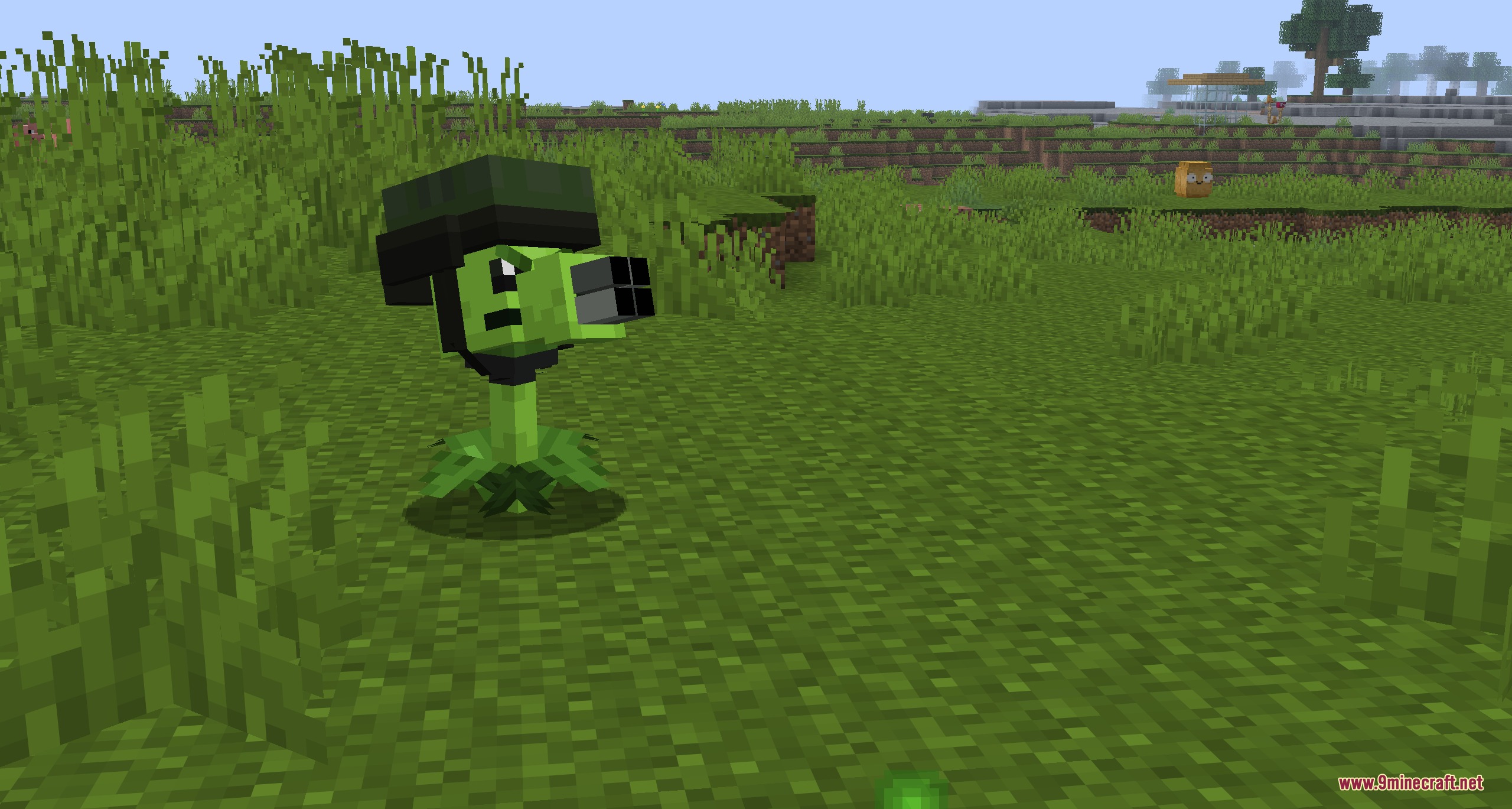Botanical Undead Warfare Mod (26.1.2) – Defend Your Base With Living Plant 3 A gatling pea soldier stands in a field with a solar pea nearby
