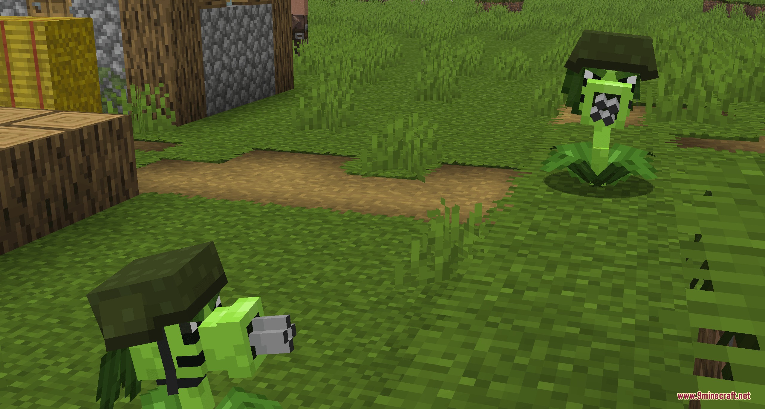 Botanical Undead Warfare Mod (26.1.2) – Defend Your Base With Living Plant 4 Two gatling peas wearing military helmets stand guard near a village house
