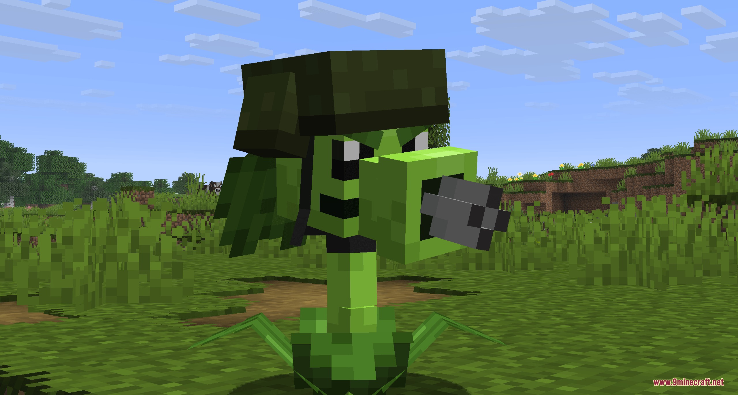 Botanical Undead Warfare Mod (26.1.2) – Defend Your Base With Living Plant 5 A gatling pea wearing a military helmet fires a projectile in minecraft