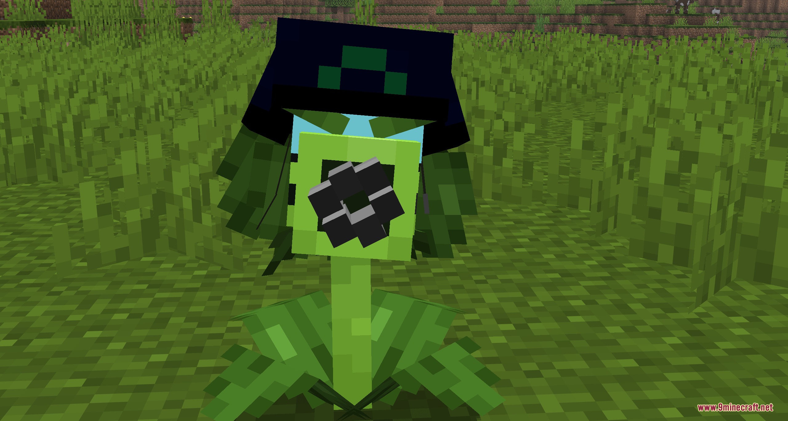 Botanical Undead Warfare Mod (26.1.2) – Defend Your Base With Living Plant 6 Front view of a gatling pea wearing a helmet in a minecraft field
