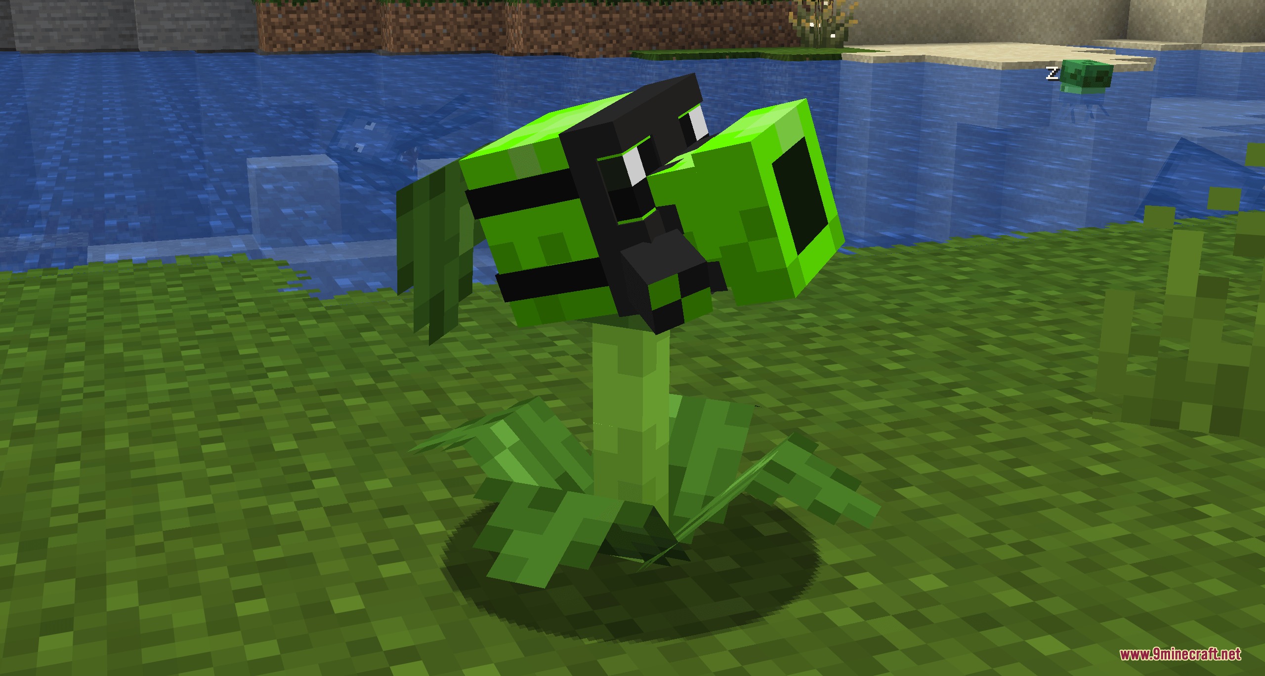 Botanical Undead Warfare Mod (26.1.2) – Defend Your Base With Living Plant 8 A green toxic pea plant standing on grass near a river