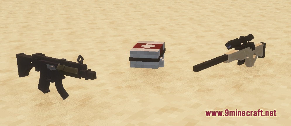 Bows To Guns Fortnite Resource Pack (26.2, 1.20.1) – Battle Royale Firearms 2 Fortnite submachine gun med kit and sniper rifle displayed on the sand