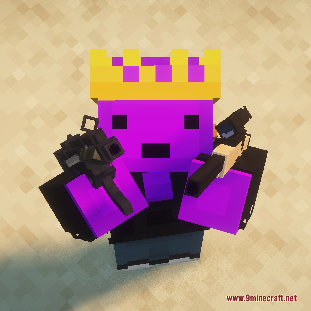 Bows To Guns Fortnite Resource Pack (26.2, 1.20.1) – Battle Royale Firearms 3 Purple character wearing a crown dual wielding a submachine gun and sniper rifle