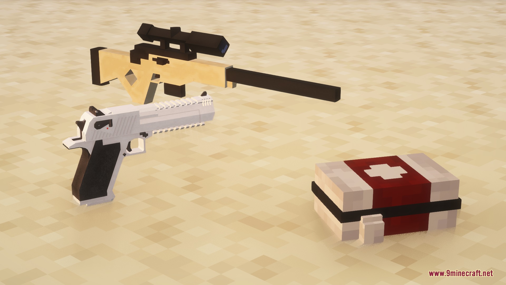 Bows To Guns Fortnite Resource Pack (26.2, 1.20.1) – Battle Royale Firearms 4 A sniper rifle and a white pistol model next to a medical kit