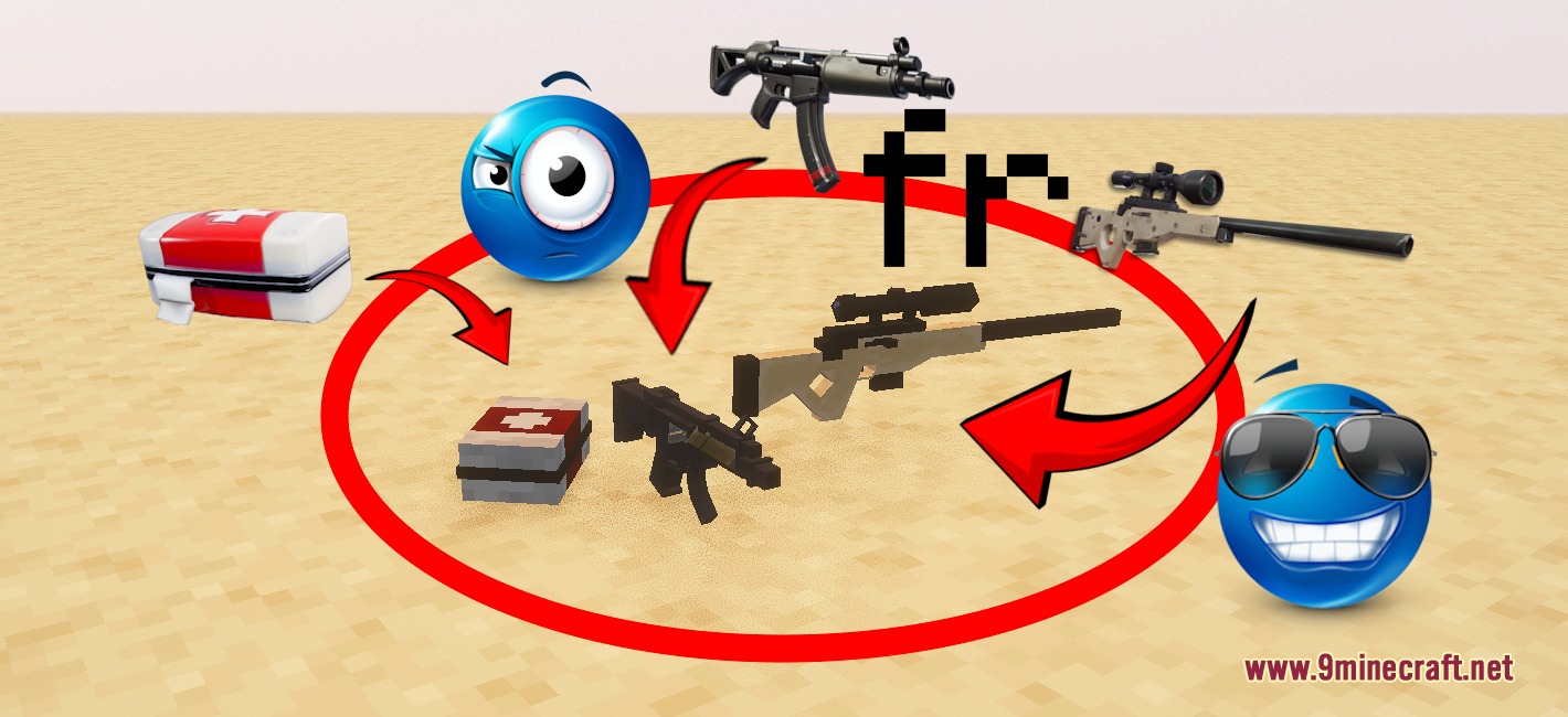 Bows To Guns Fortnite Resource Pack (26.2, 1.20.1) – Battle Royale Firearms 5 Bows to guns fortnite resource pack showcasing various weapon and healing item models