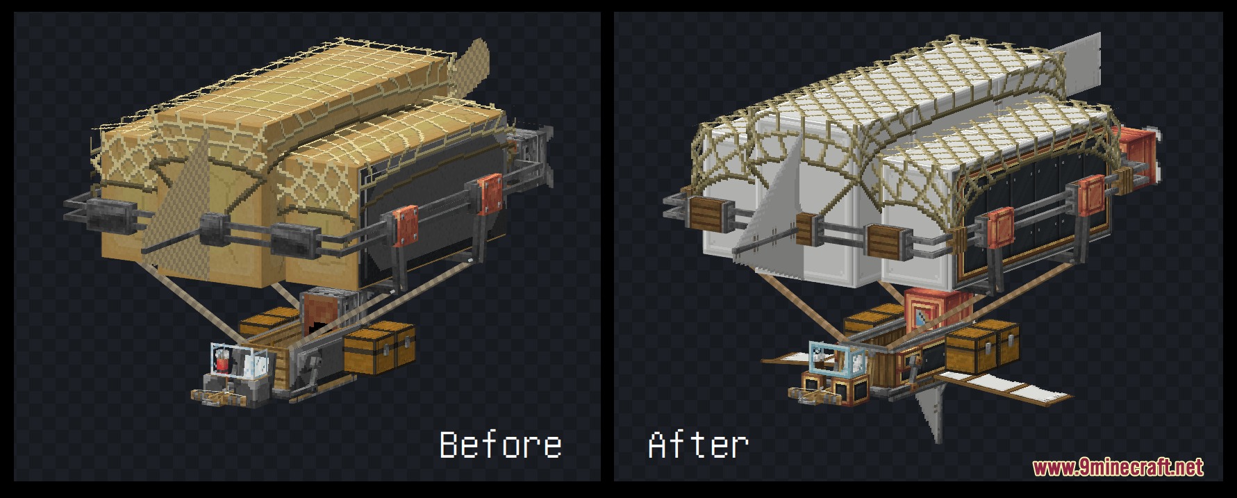 Brassbound Dreadnoughts Resource Pack (1.21.1, 1.20.1) 2 Comparison of a warship before and after applying the brassbound dreadnoughts resource pack