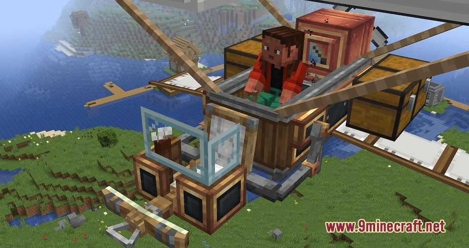 Brassbound Dreadnoughts Resource Pack (1.21.1, 1.20.1) 5 Player sitting in the cockpit of a mechanical aircraft with copper engines