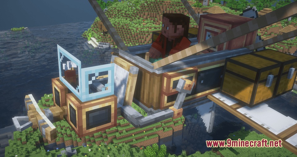 Brassbound Dreadnoughts Resource Pack (1.21.1, 1.20.1) 8 A player sits in a mechanical cockpit with copper engines and side chests