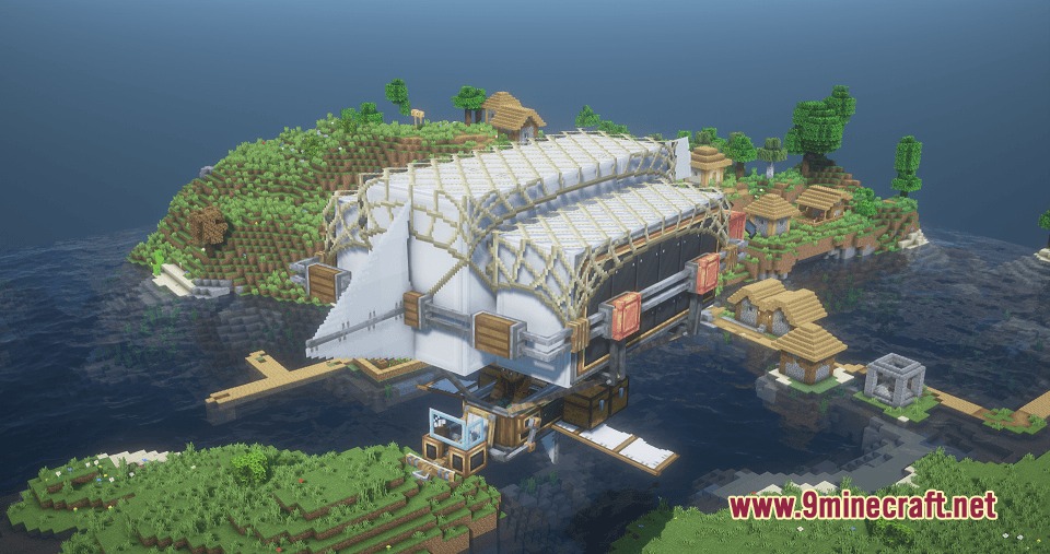 Brassbound Dreadnoughts Resource Pack (1.21.1, 1.20.1) 9 An industrial warship with white sails and andesite casing flies over a village