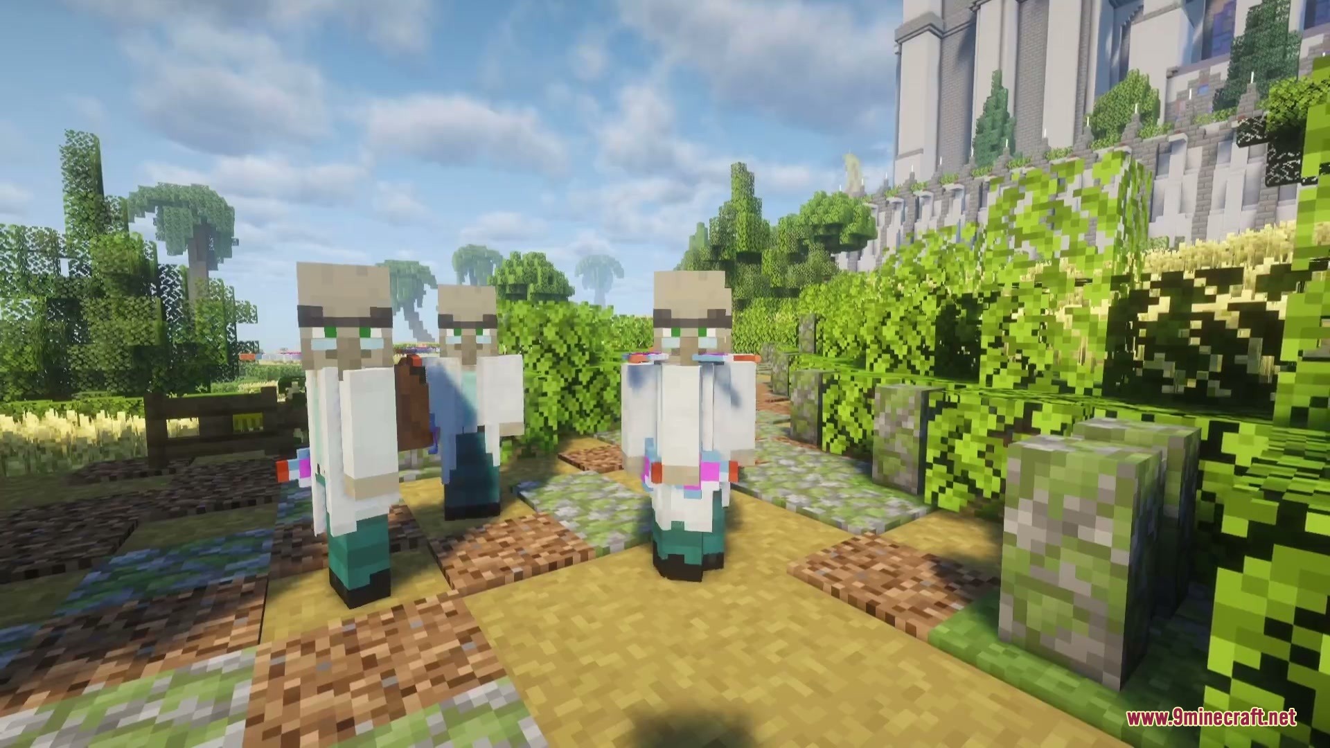 Brewbound Outcast Mod (1.20.1) – Battle Dangerous Illager Bosses In Your World 3 Three scientologist illagers in white coats stand on a dirt path