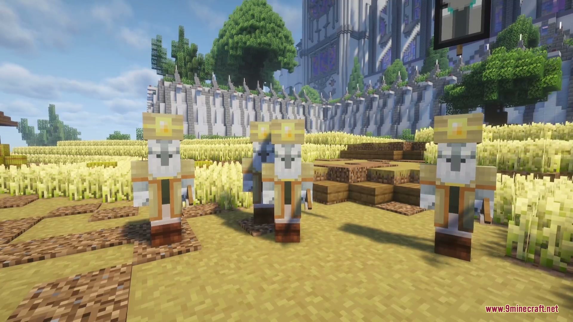 Brewbound Outcast Mod (1.20.1) – Battle Dangerous Illager Bosses In Your World 6 Three custom illagers with yellow hats stand in a large wheat field