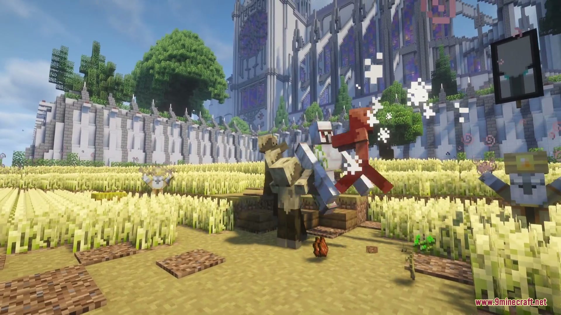 Brewbound Outcast Mod (1.20.1) – Battle Dangerous Illager Bosses In Your World 7 An iron golem battles brewbound outcast mobs in a sunny wheat field