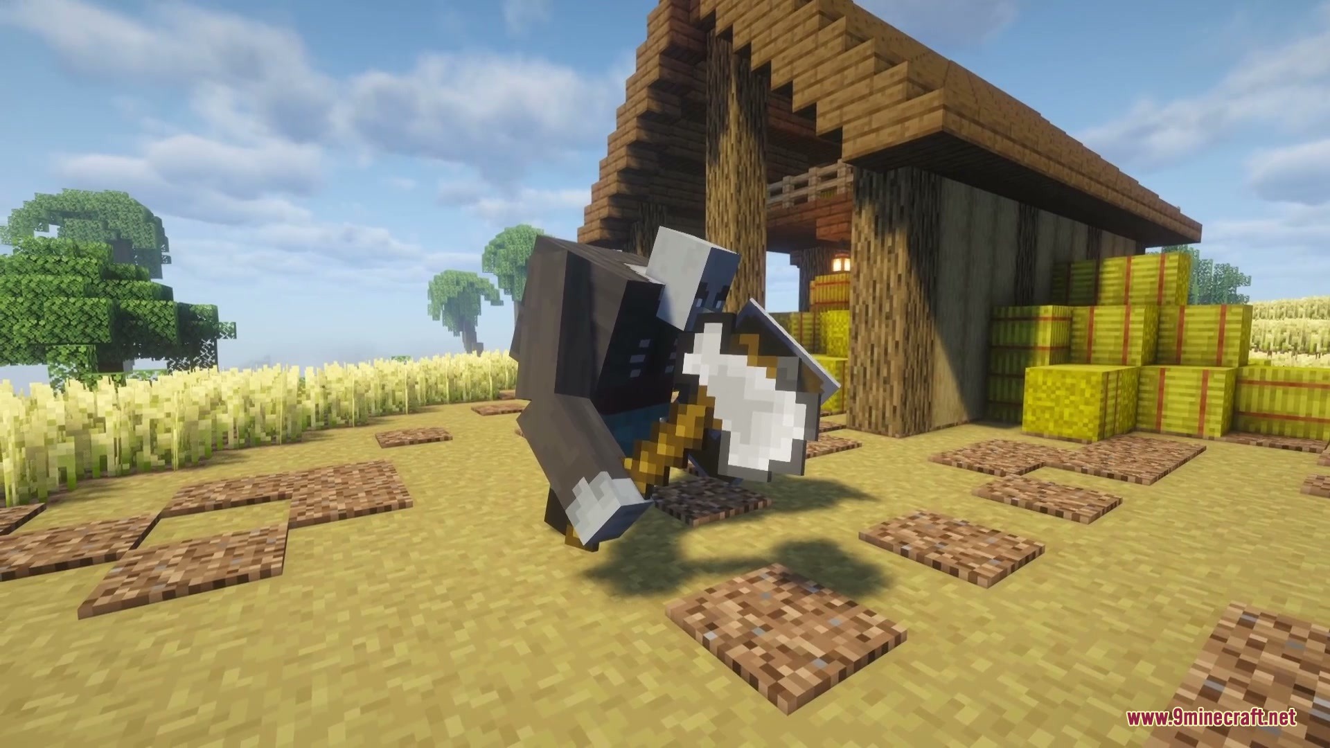 Brewbound Outcast Mod (1.20.1) – Battle Dangerous Illager Bosses In Your World 8 A mutant vindicator from brewbound outcast mod stands near a wooden farm building