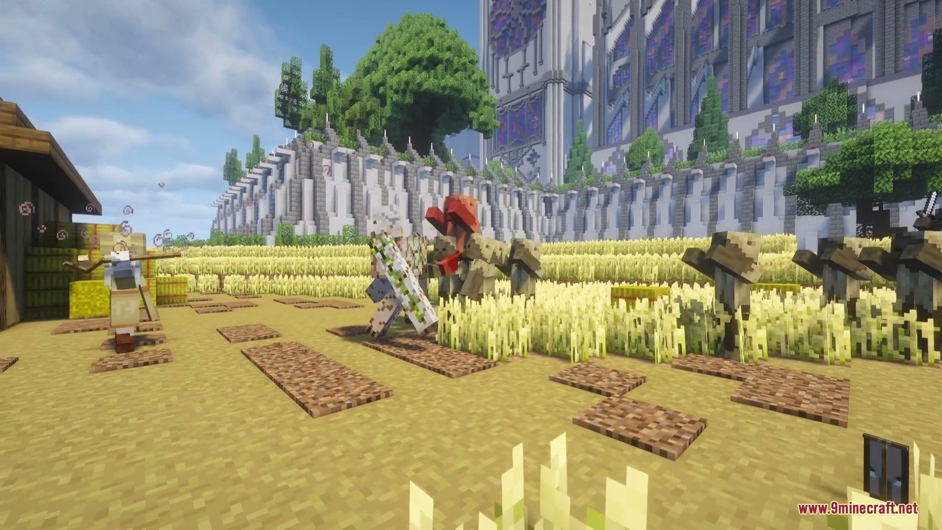 Brewbound Outcast Mod (1.20.1) – Battle Dangerous Illager Bosses In Your World 9 Hostile illager mobs gather in a wheat field near a massive stone castle