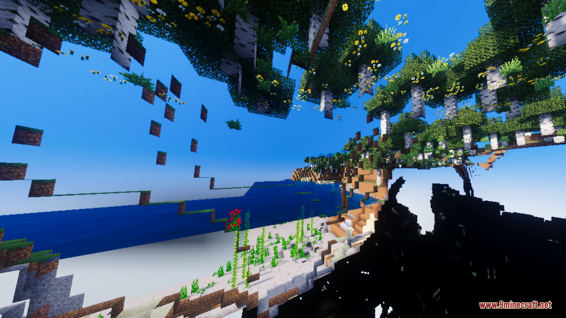 Bsl Vibrant Visuals Shader (26.X) – Clear Water And Glowing Ores Without Rtx 4 Surreal minecraft landscape with floating birch trees and vibrant blue water reflections