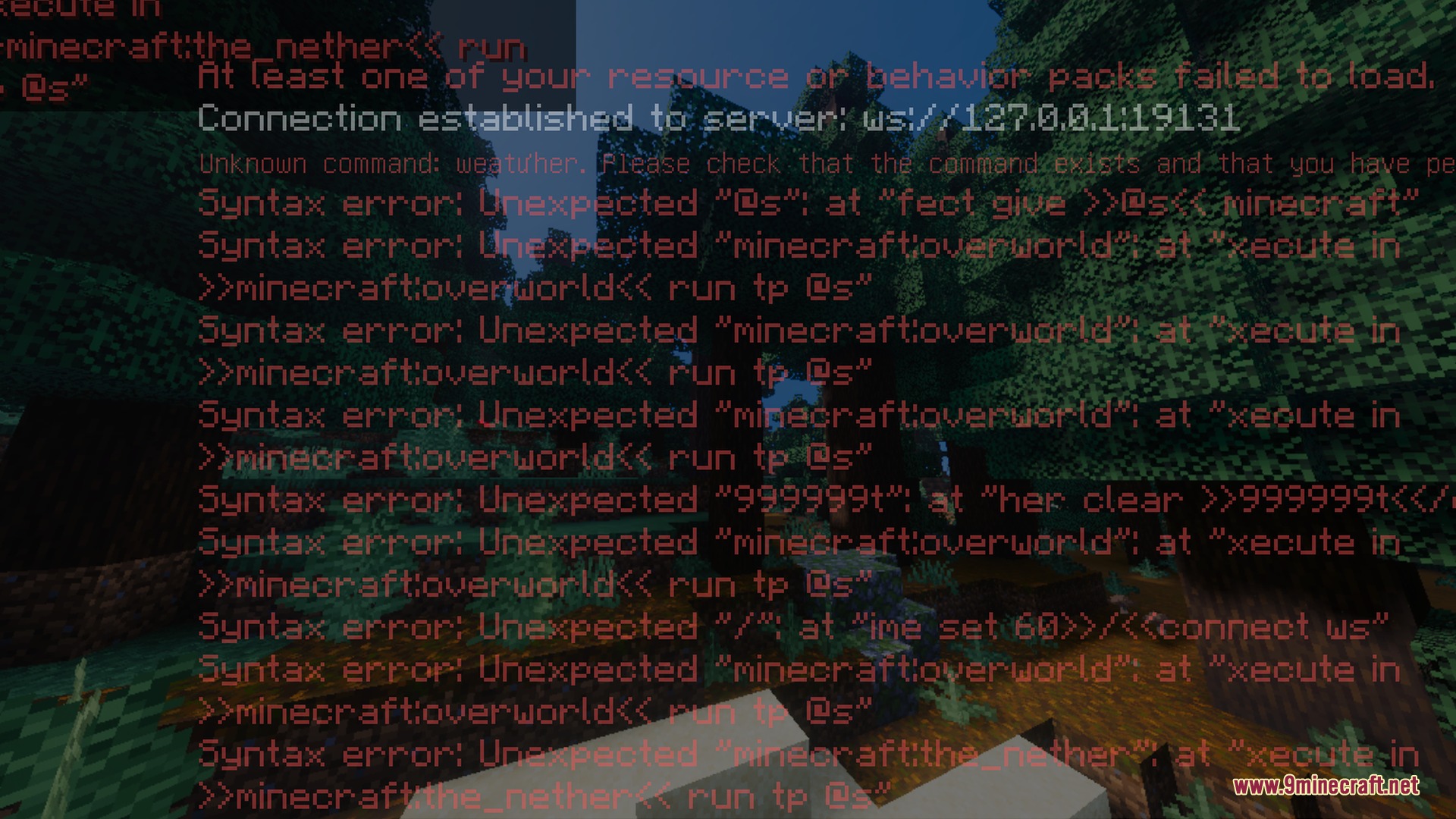 Bsl Vibrant Visuals Shader (26.X) – Clear Water And Glowing Ores Without Rtx 9 Red syntax error messages displayed over a dark forest background in minecraft