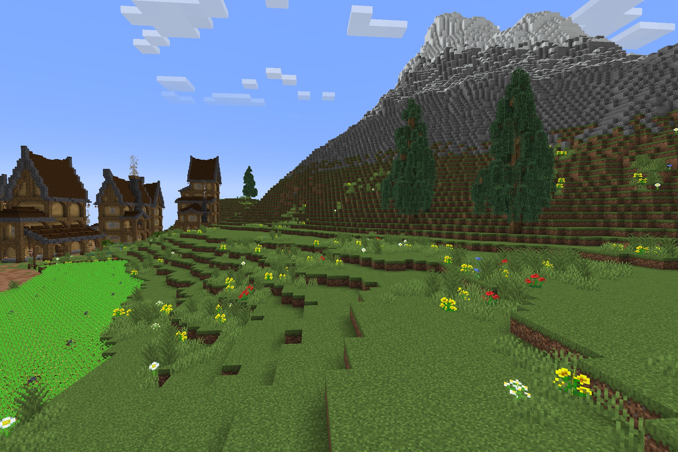 Bww Resource Pack (1.16.5) – Cozy Rustic Textures For Medieval Villages 3 Flowery green hills leading to a cozy medieval village at the mountain base