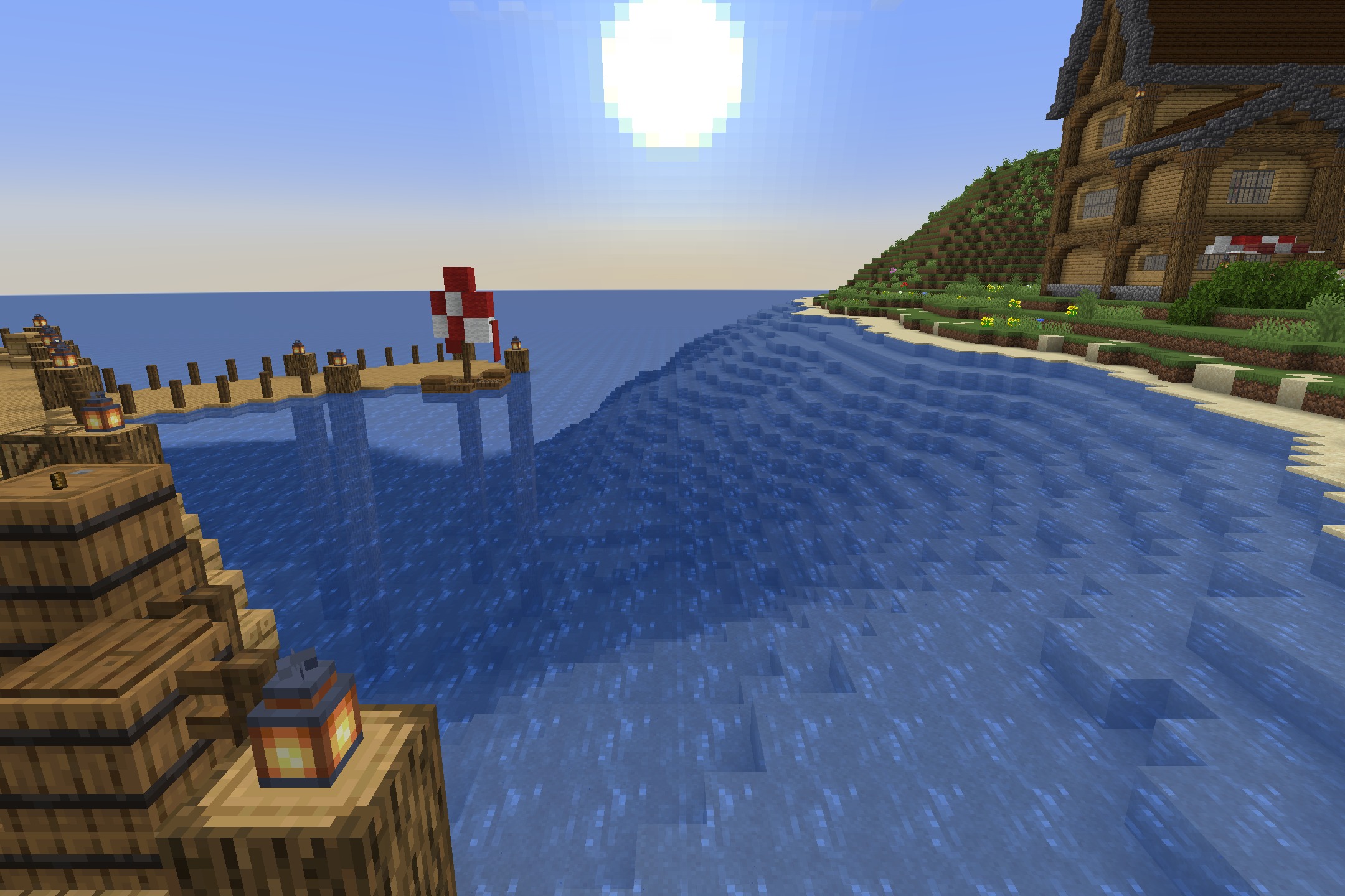 Bww Resource Pack (1.16.5) – Cozy Rustic Textures For Medieval Villages 9 Bright sun shining over a wooden pier and a small red sailboat