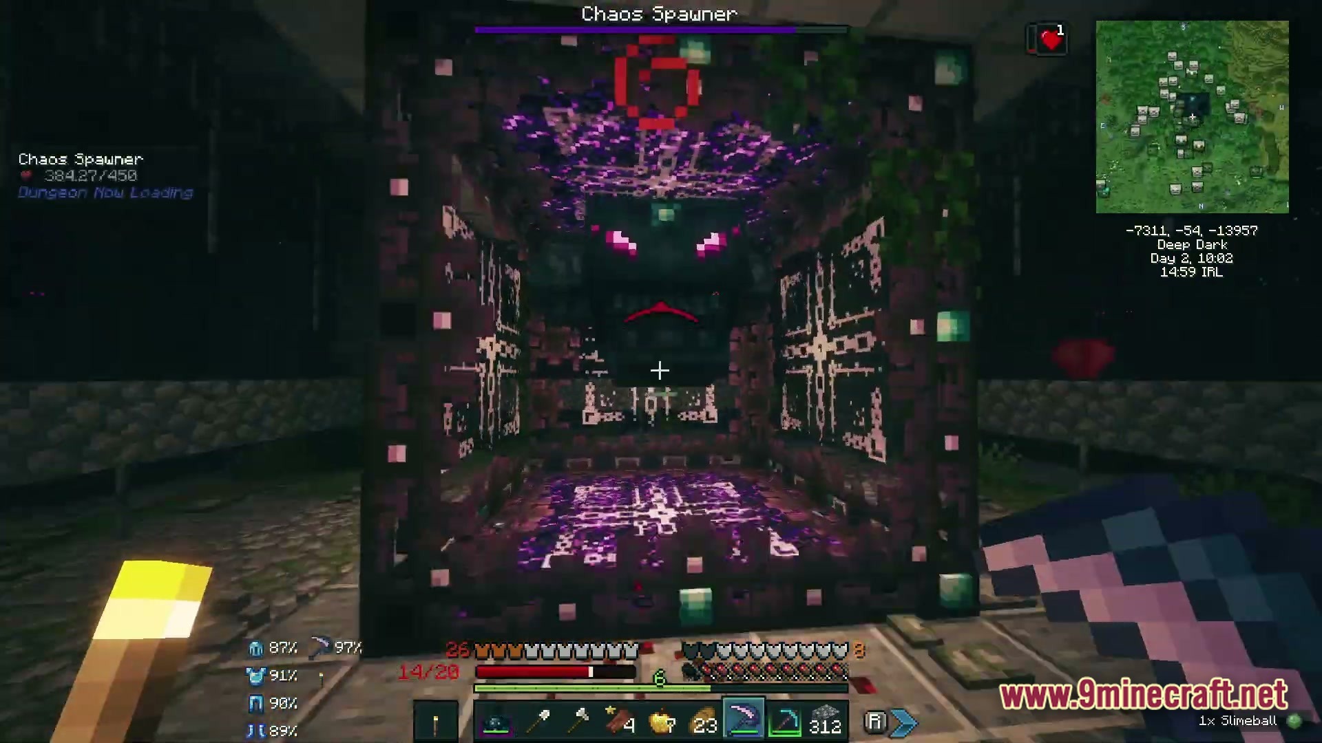 A player encounters a glowing chaos spawner boss within a dark dungeon in the deep dark biome