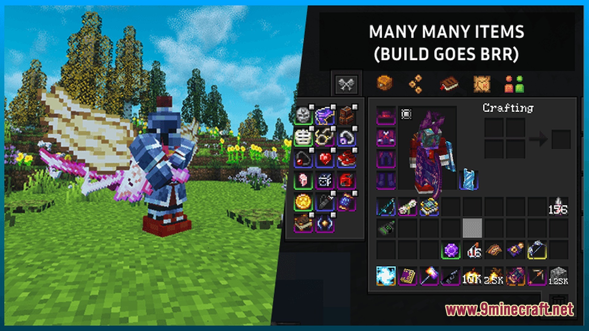A player character in custom armor and wings, with an open inventory displaying many modded items