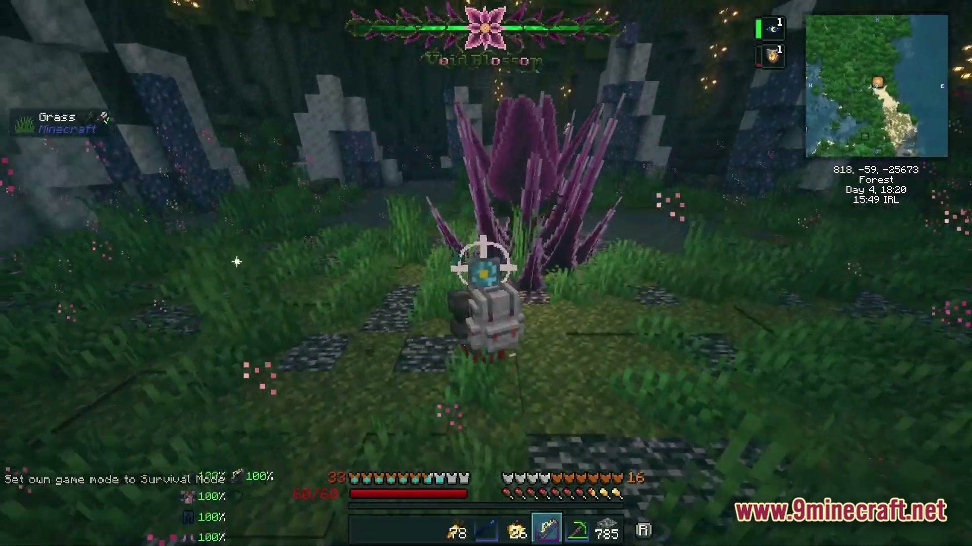 A player encounters the void blossom boss within a lush underground cavern in calamycraft
