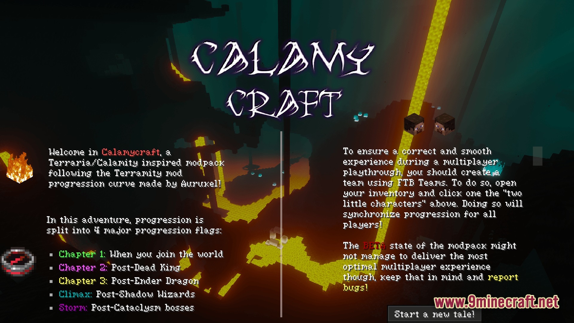 The calamycraft modpack welcome screen displays progression chapters and multiplayer instructions over a nether background