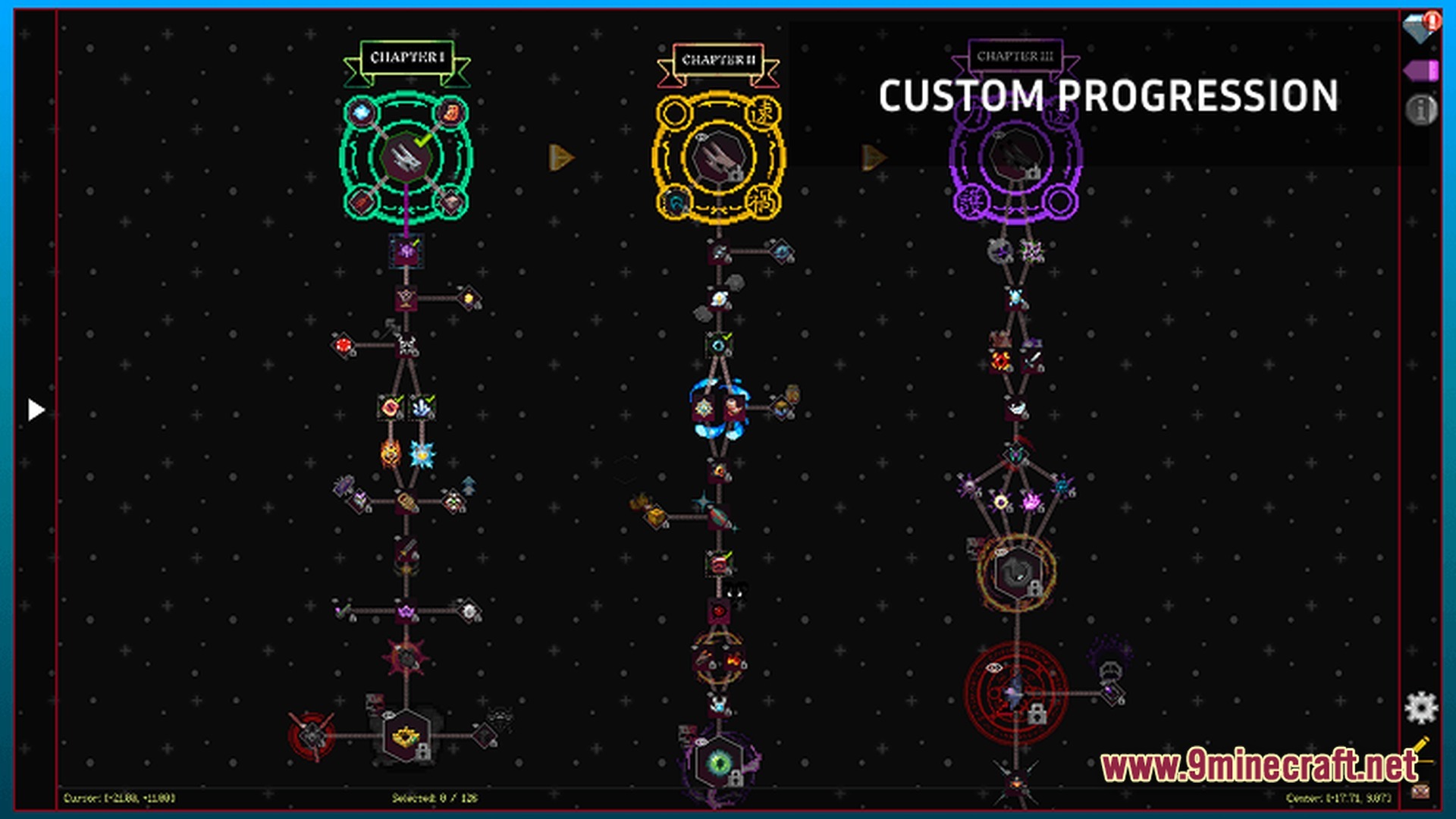 A custom quest progression interface featuring three distinct chapters with branching item-based objectives and milestones