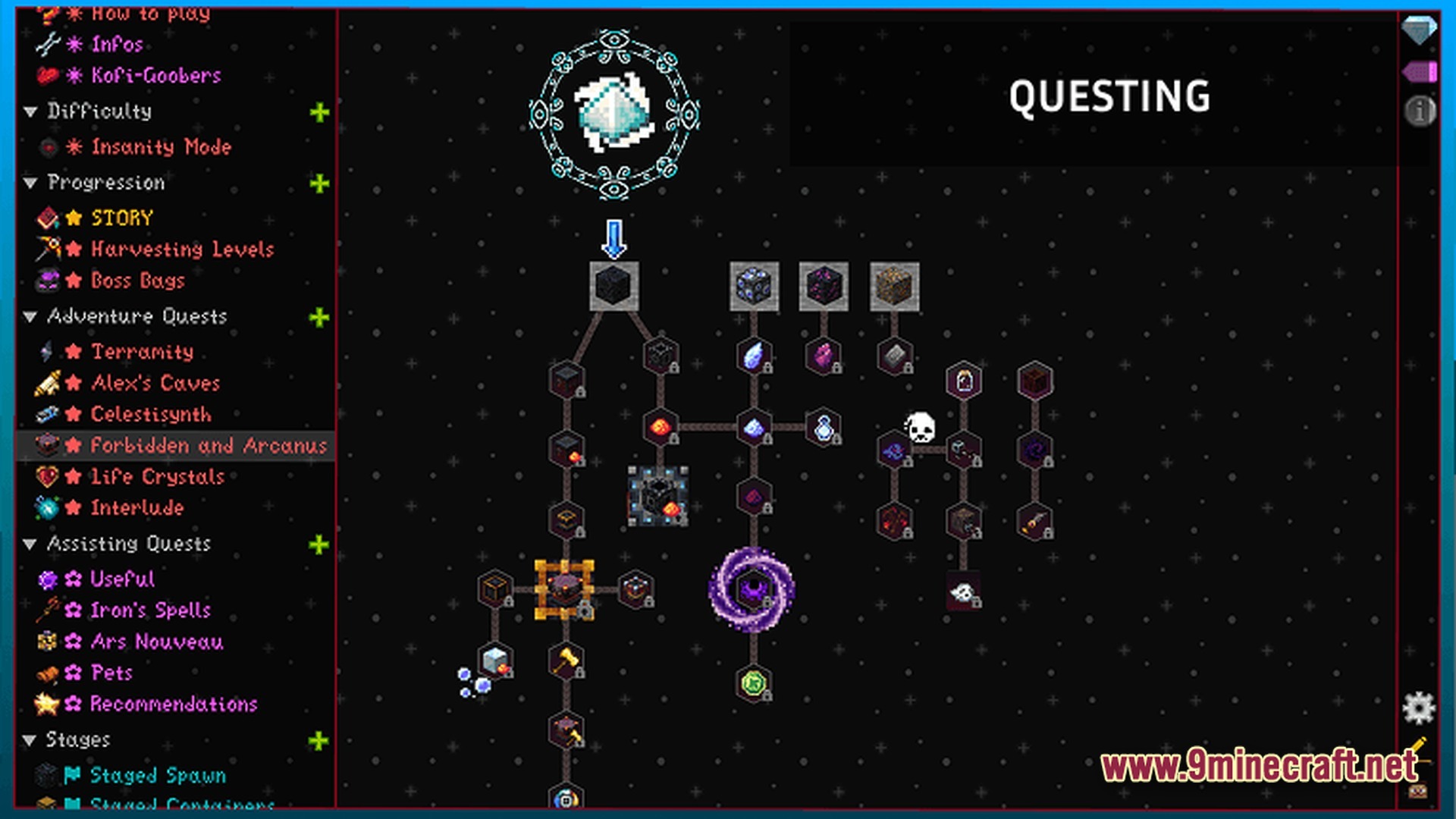 The questing interface displays a branching progression tree for the forbidden and arcanus mod