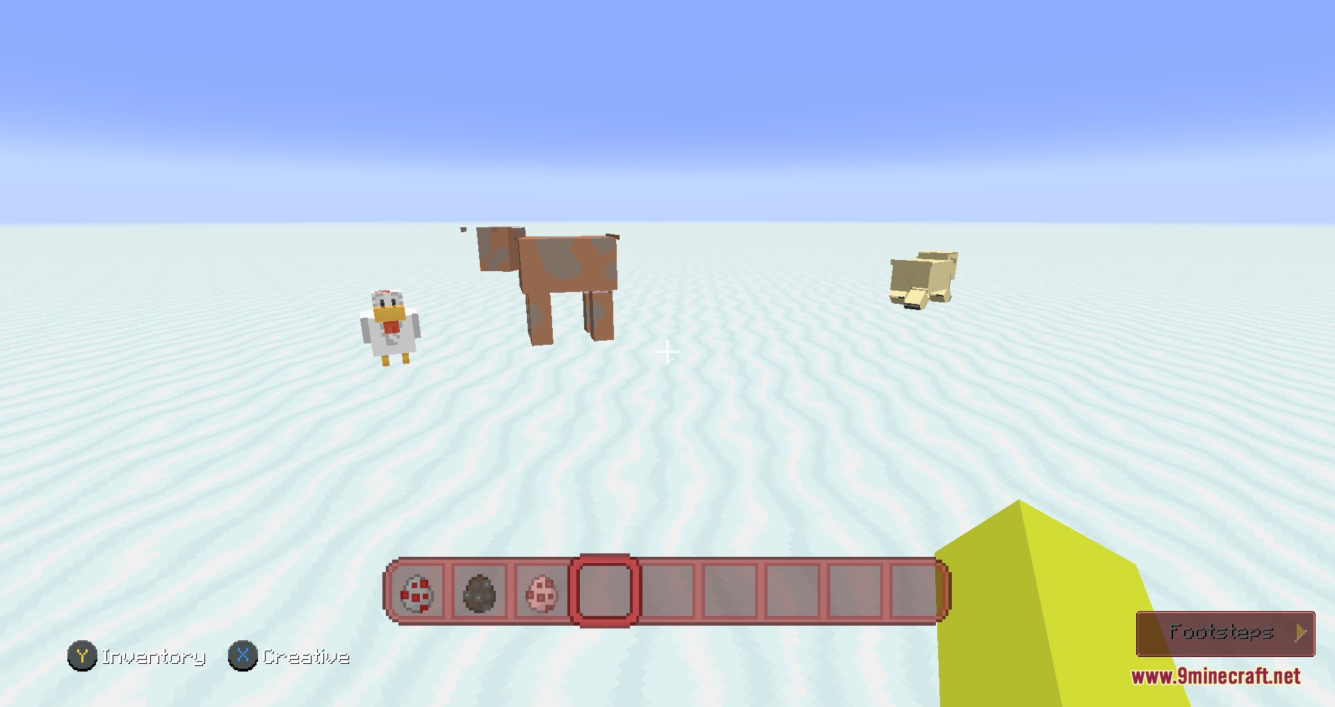 Cartoon style chicken cow and pig standing on a white flat world